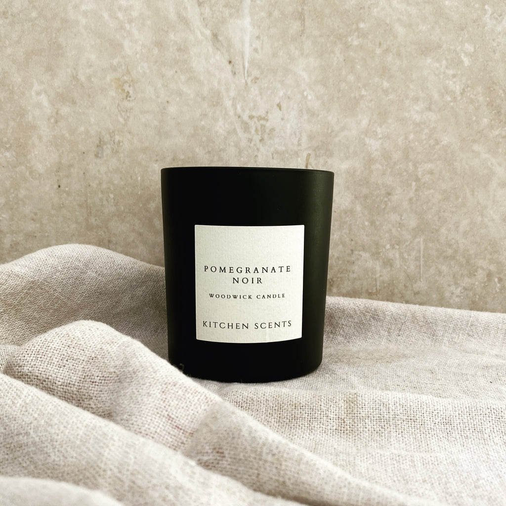 pomegranate noir scented soy wax wood wick candle 