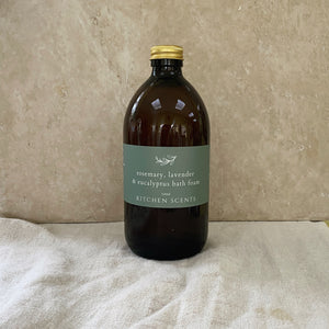 rosemary lavender and eucalyptus bath foam with essentials oils in amber jar