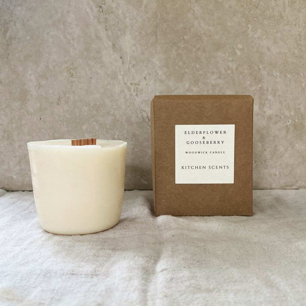 elderflower and gooseberry scented soy wax wood wick candle refill