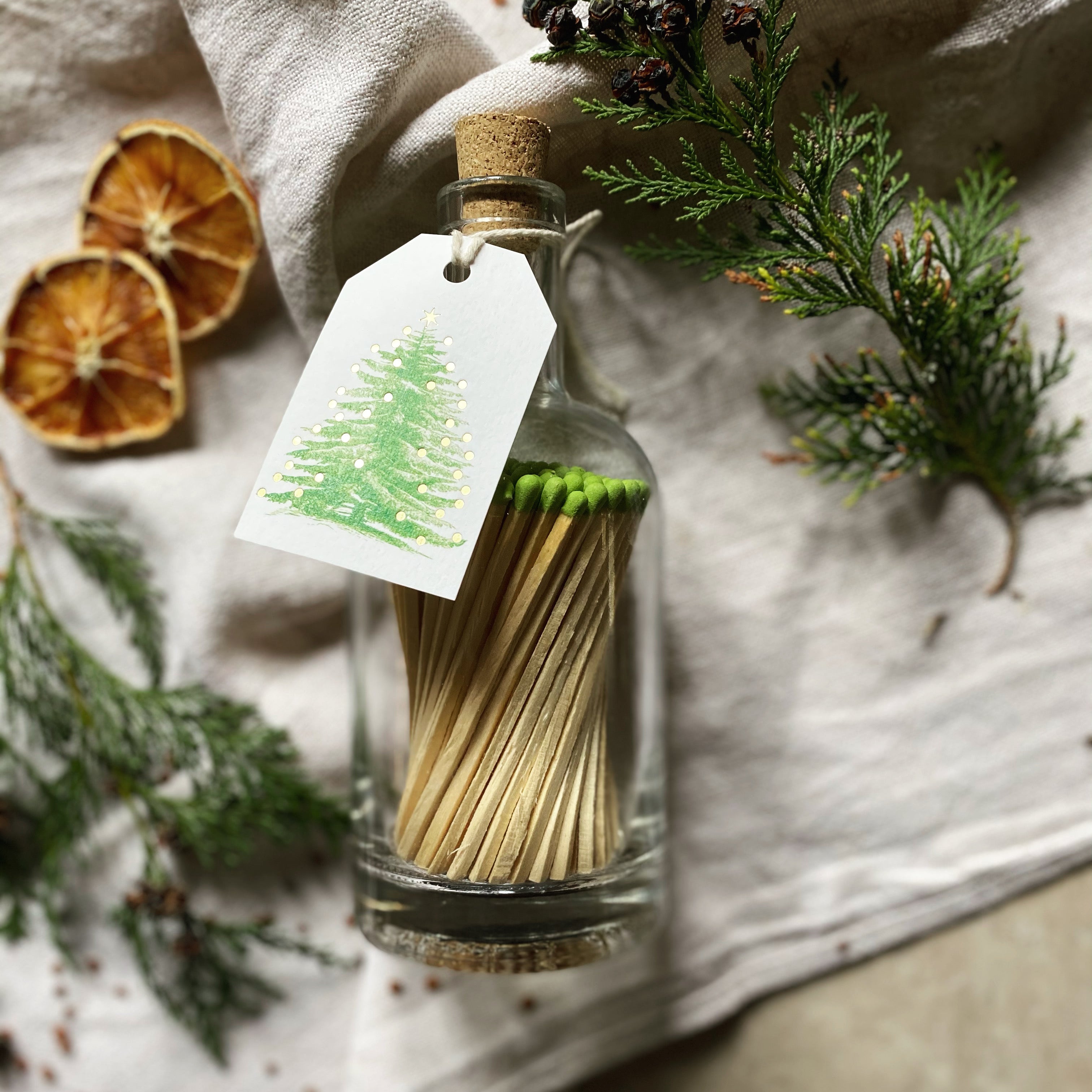 christmas tree label match bottle with green tipped matches