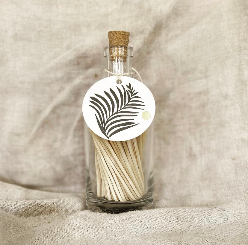 fern label match bottle with white tipped matches