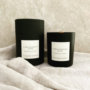 pomegranate noir scented soy wax wood wick candle with box