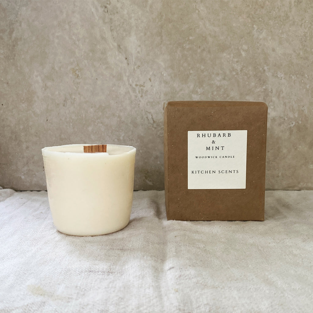 rhubarb and mint scented soy wax wood wick candle refill 