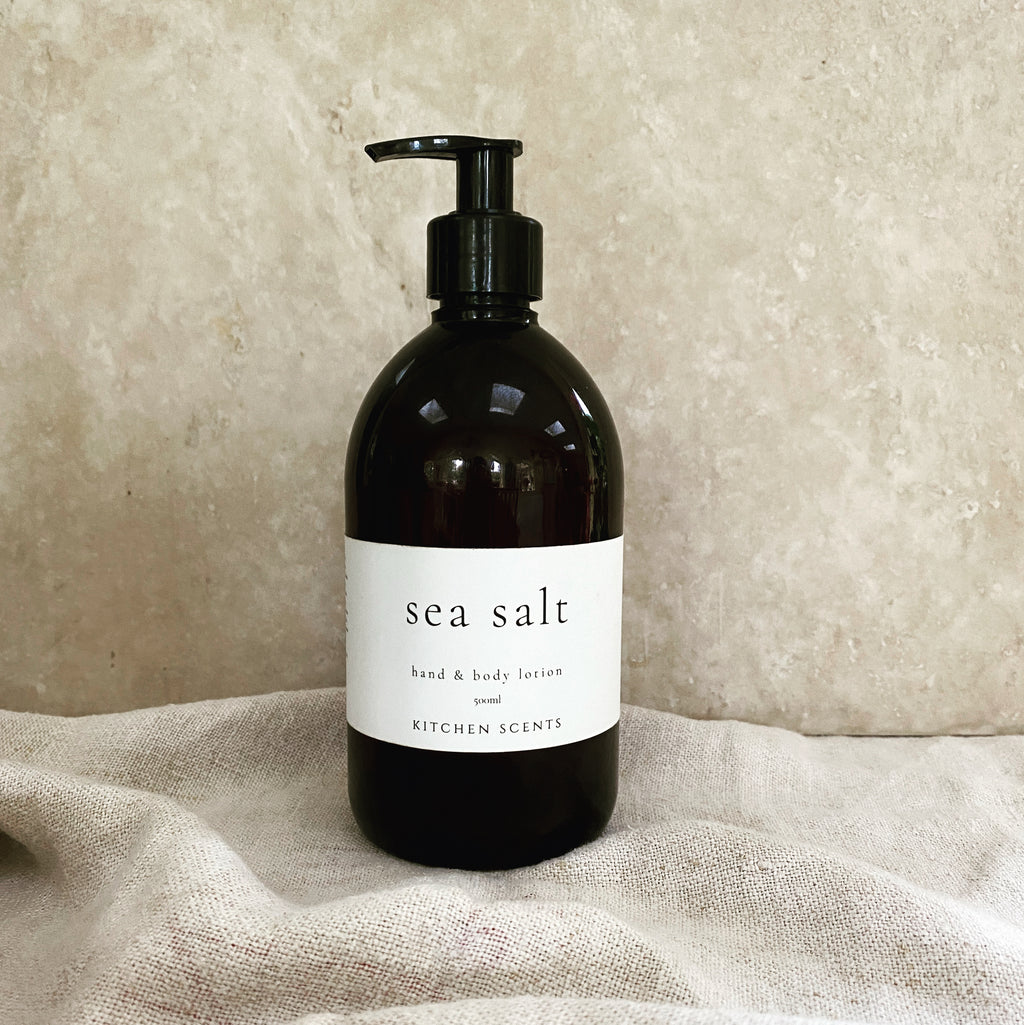 sea salt hand and body lotion in amber bottle with pump