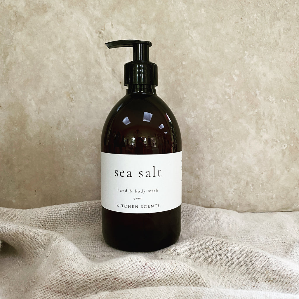 sea salt hand and body wash in amber bottle with pump