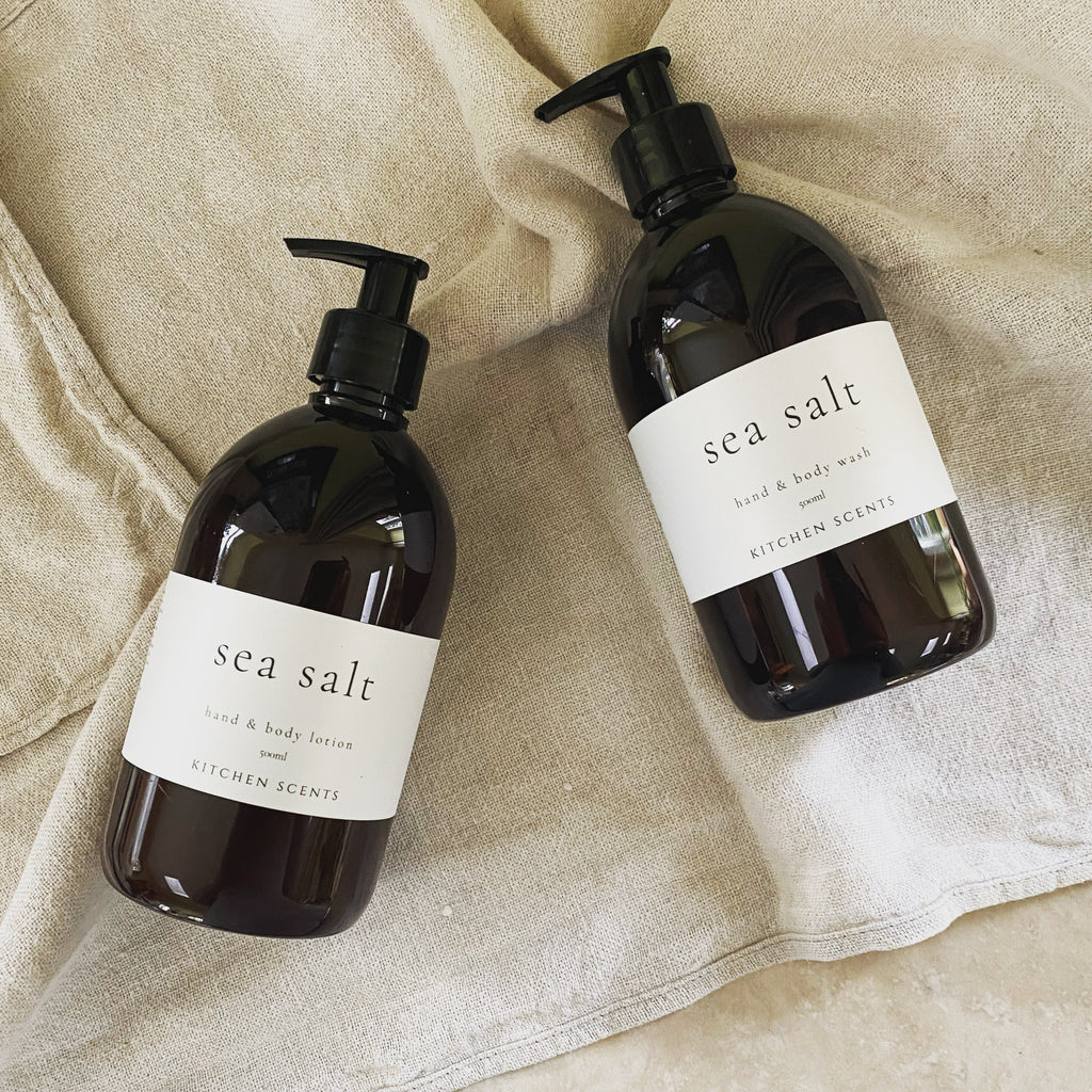 sea salt hand and body wash and lotion set in amber bottle with pump