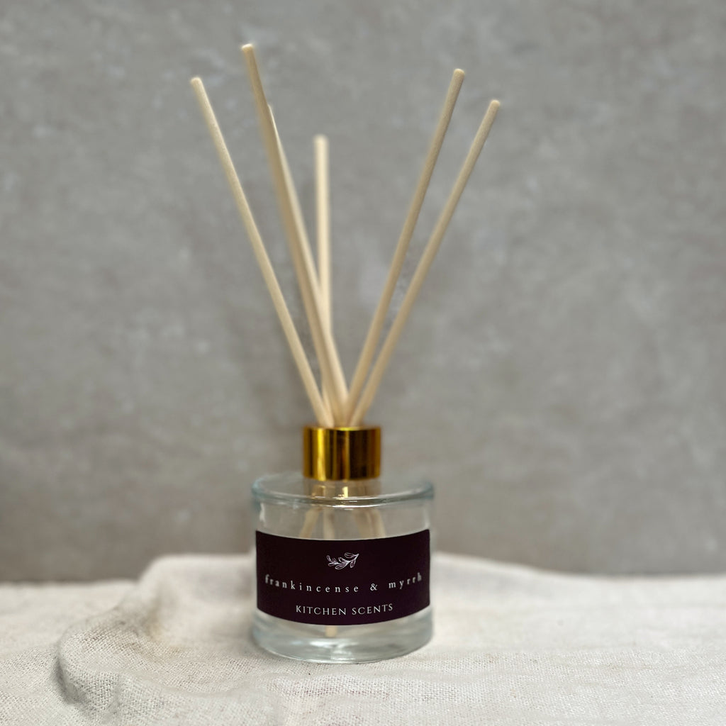 frankincense and myrrh glass bottle reed diffuser